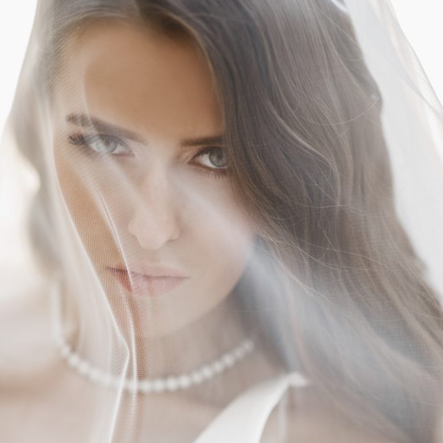 Pictures of stunning bride posing under the veil outside