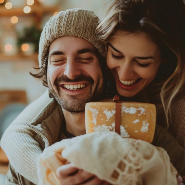 Joyful couple in warm winter clothes hugging and holding a cheese wheel wrapped in cloth